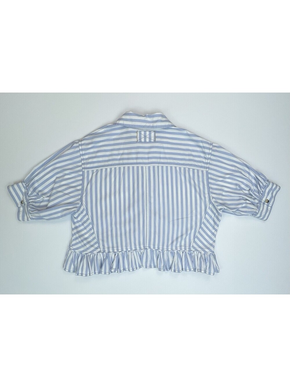 Free People We The Free Bailey Stripe Shirt Blue Cropped Ruffle Blouse XS - Picture 4 of 8